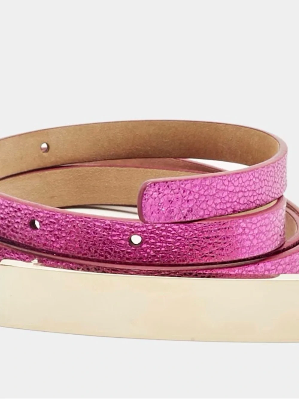 Jimmy Choo Metallic Pink Skinny Leather Belt with Gold Plate